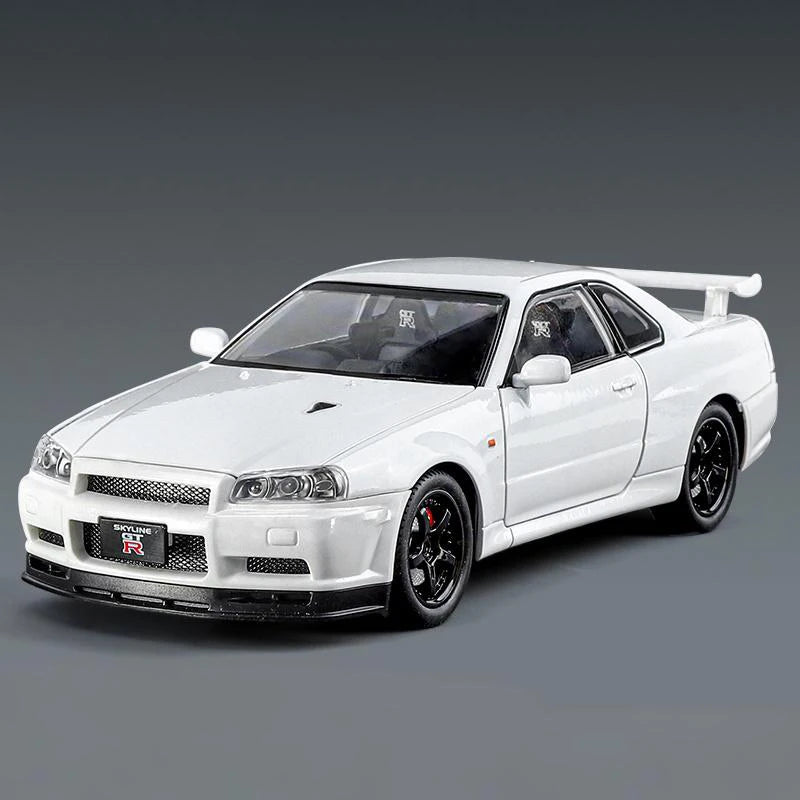 1:24 GTR R34 Skylin Diecast Modèle En Métal De Voiture Son Et Lumière Tirer Supercar Sport Racing Collection Loisirs Vacances Cadeau Garçon