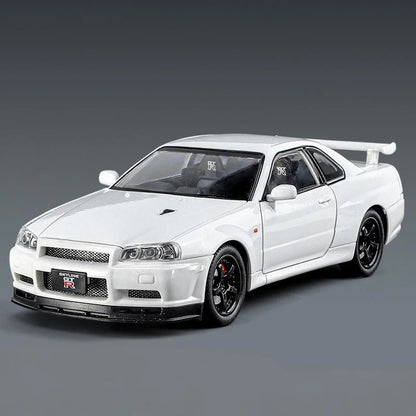 1:24 GTR R34 Skylin Diecast Modèle En Métal De Voiture Son Et Lumière Tirer Supercar Sport Racing Collection Loisirs Vacances Cadeau Garçon
