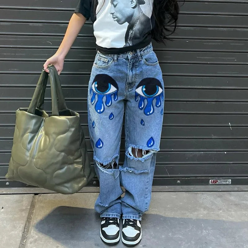 Jean Denim Imprimé Coeur pour Femme, Denim Découpé, Vêtements Danemark die, Streetwear, Taille Haute, Pantalon Baggy, Bleu, Y2k, Harajuku, Mode