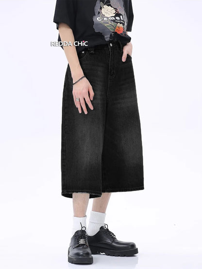 ReddaChic-Short en Denim pour Homme, Baggy Brossé, Vintage, Noir, Bord Brut, Décontracté, Y2k, Hip Hop, Jambes Larges