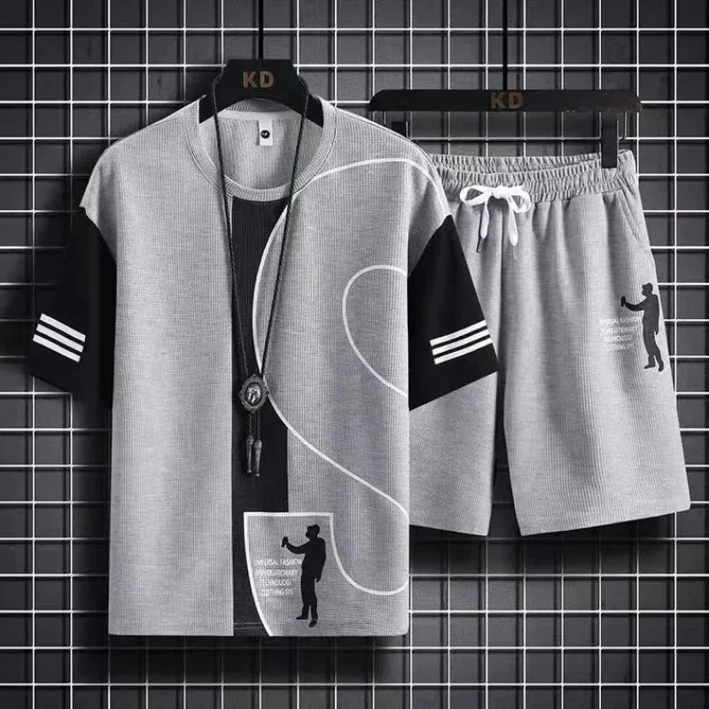 Ensemble de T-shirt et Short de dehors pour Homme, Vêtement de Travail Imprimé, Gaufré, Tenue 2 Pièces, Coupe Régulière Basique