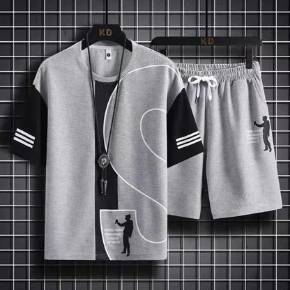 Ensemble de T-shirt et Short de dehors pour Homme, Vêtement de Travail Imprimé, Gaufré, Tenue 2 Pièces, Coupe Régulière Basique