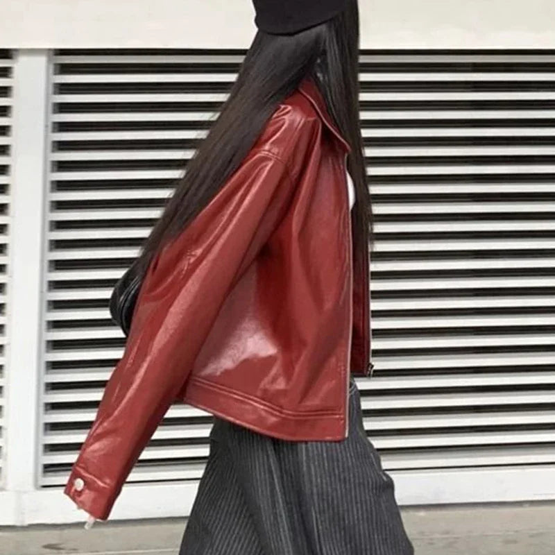 Veste en cuir à revers rouge rétro pour femme, manteau d'hiver ample pour fille, haut doux et cool, début d'automne, nouveau