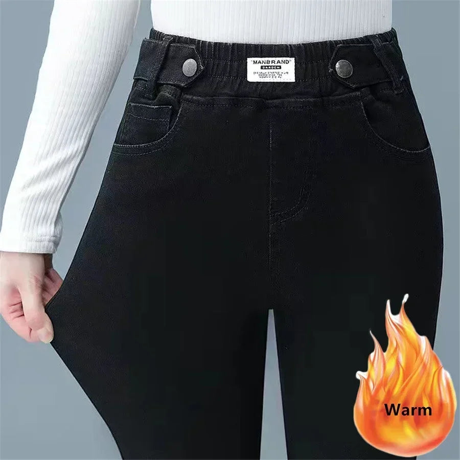 Pantalon crayon en denim skinny épais pour femme, jean décontracté, doublé de velours en peluche, taille haute, coréen, chaud, commandé, hiver, nouveau