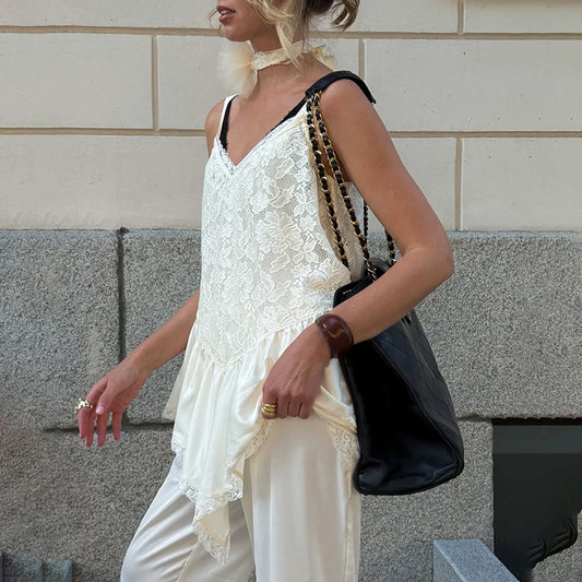 Tornova dentelle épissure fronde gilet t-shirt dame irrégulière voir à travers haut sexy col en V fille chaude décontracté fête déplacements réservoirs mode