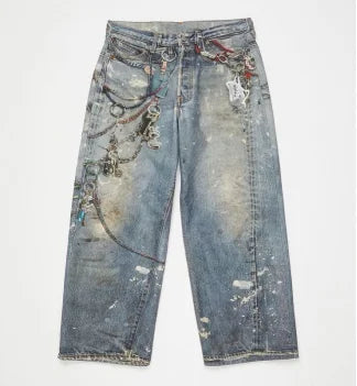 Jean en denim ample à jambes larges, style de rue, rétro, chaîne de bonbons imprimée neutre, nouveau couple, pantalon ample taille basse, printemps et été
