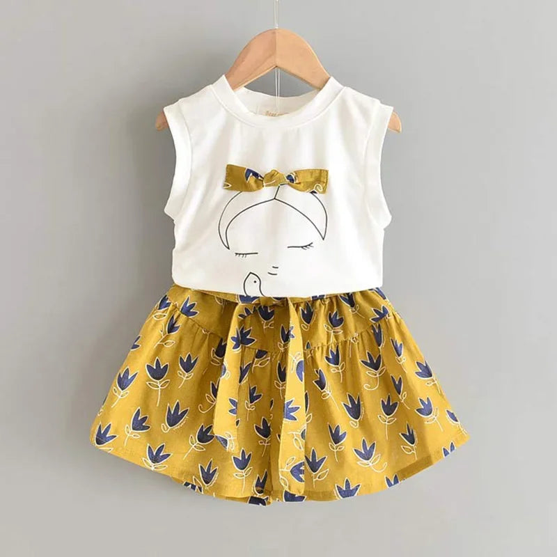 BEAR LEADER-Ensemble d'été décontracté en mousseline de soie pour enfant, t-shirt et pantalon bleus à fleurs, pour fille de 3 à 7 ans, nouvelle collection