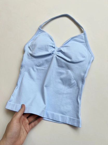 Haut de sport à bretelles palangre, dos nu, Logo personnalisé, vêtements de sport pour femmes, soutien-gorge intégré froissé avec bonnets amovibles, débardeurs de Yoga