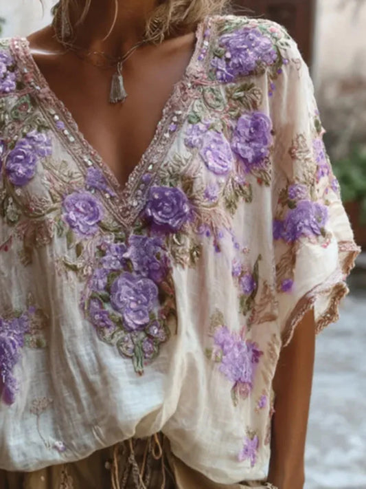 T-shirt à manches courtes pour les déplacements, ample, décontracté, col en v, Jacquard, chemisier à la mode, dentelle brodée, pulls floraux, été