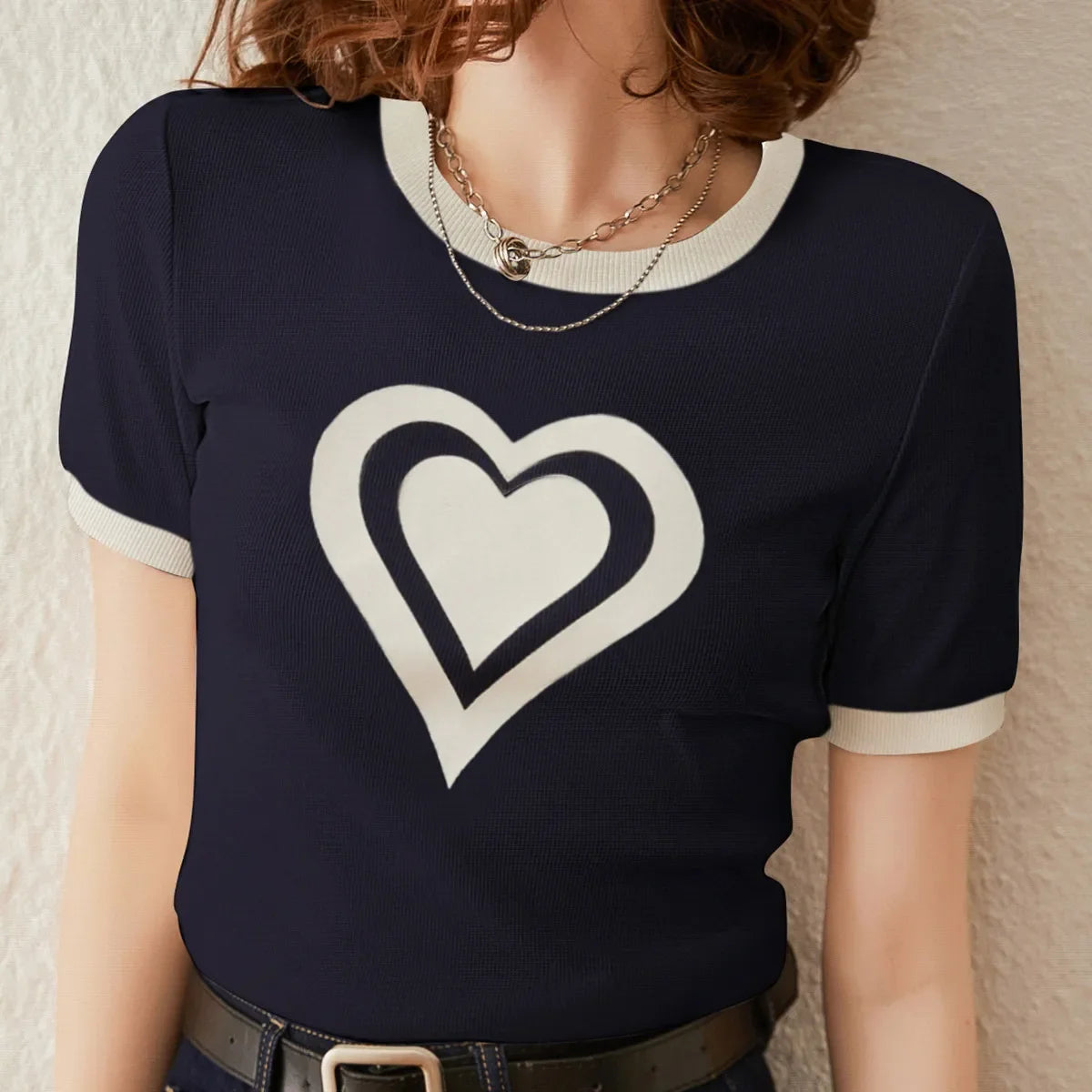 Modiis Yao-T-shirt manches courtes col rond femme, estival et décontracté, avec cœur imprimé, 2024
