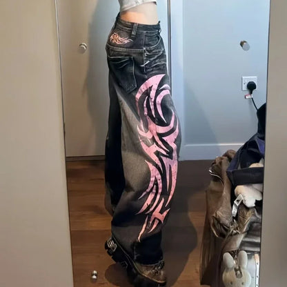 Rue rétro ligne américaine modèle jean décontracté femmes 2025 été nouvelle mode taille haute ample jambe large jean Biack Y2K jean