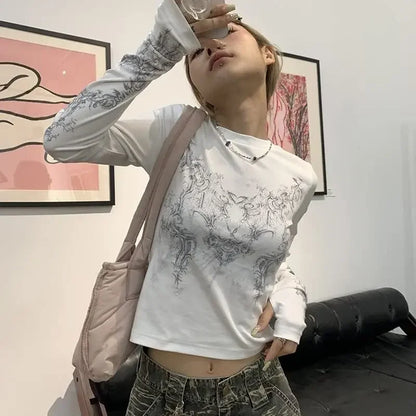 T-shirt à manches longues pour femmes, haut patchwork sexy, t-shirts col rond, tunique imprimée à manches longues, t-shirt streetwear