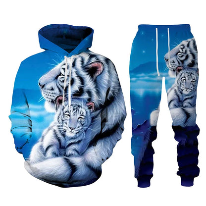 Ensemble de survêtement imprimé tigre animal 3D pour hommes, sweat à capuche et pantalon décontractés, streetwear à la mode, vêtements trempés, automne, hiver, 2 pièces