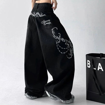 Rue rétro ligne américaine modèle jean décontracté femmes 2025 été nouvelle mode taille haute ample jambe large jean Biack Y2K jean