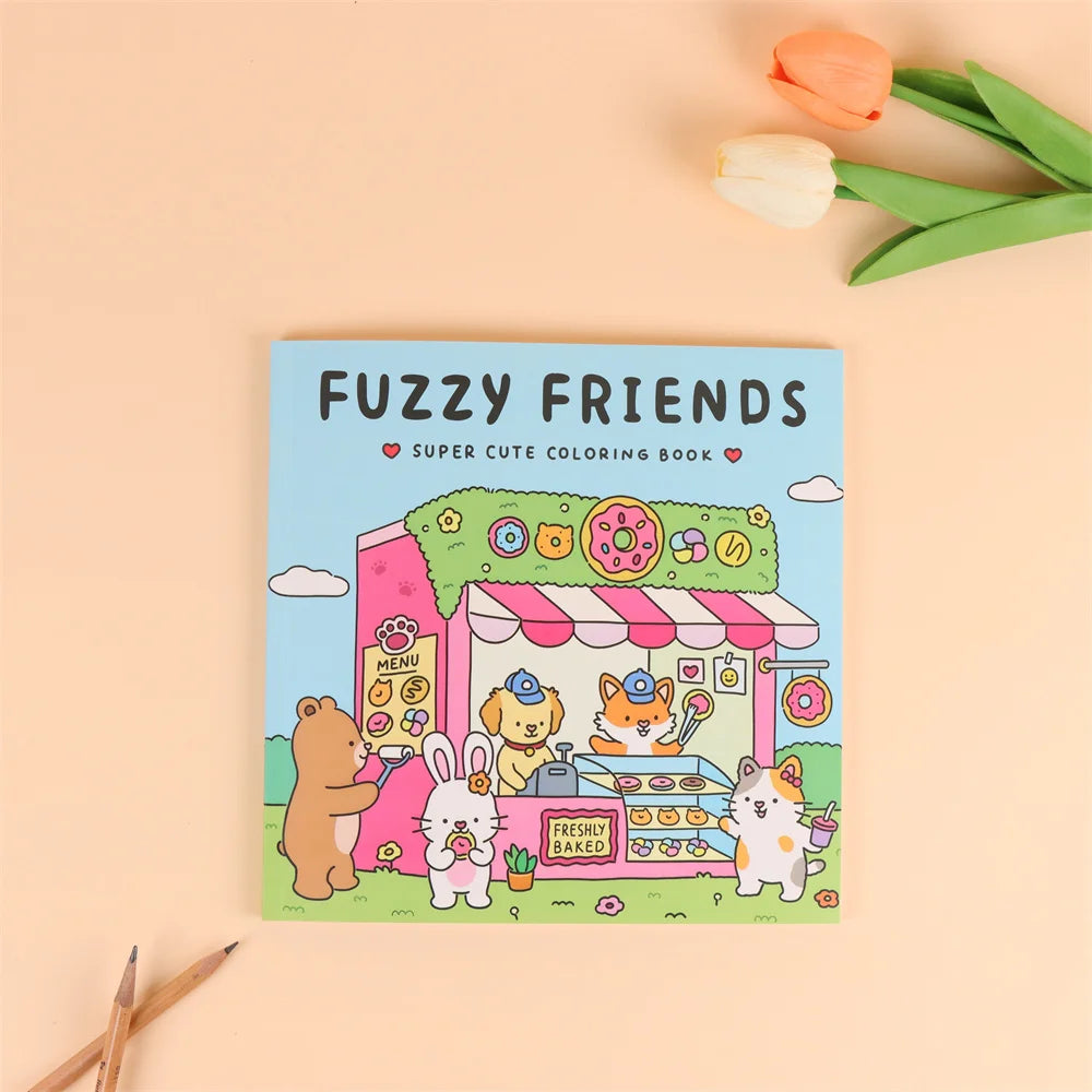FUZZY FRIENDS Livre de coloriage mignon et confortable pour adultes et adolescents avec des créatures adorables dans des moments Hygge confortables pour la relaxation