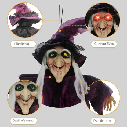 Décor de sorcière suspendu pour Halloween, squelette avec son, yeux rouges brillants, sorcière parlante effrayante, décorations d'halloween, accessoires de maison hantée