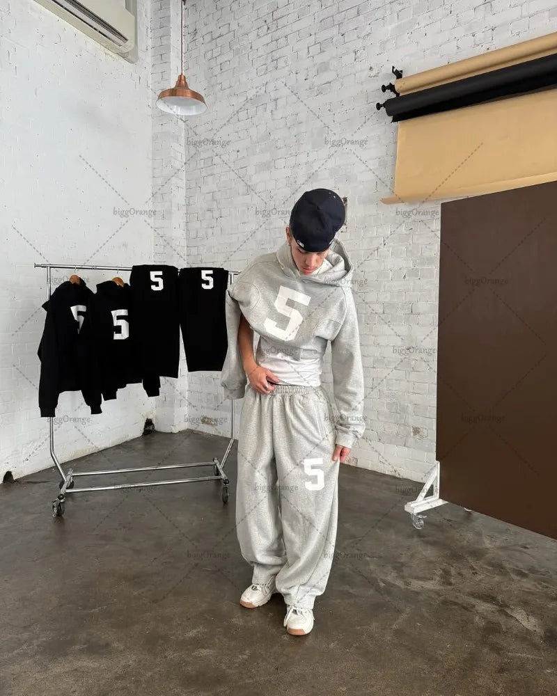 Nouveau américain rétro classique Harajuku gris sweat à capuche haute rue à la mode Streetwear hommes costume Hip Hop décontracté ample pantalons de survêtement femmes