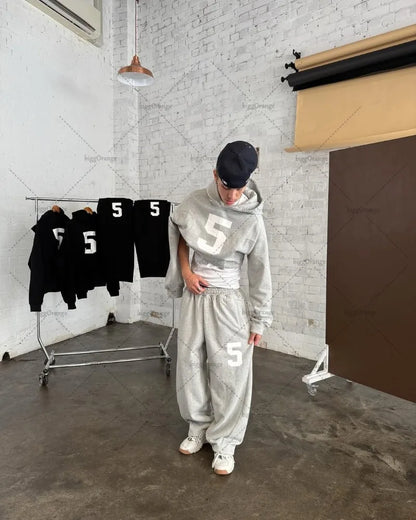 Nouveau américain rétro classique Harajuku gris sweat à capuche haute rue à la mode Streetwear hommes costume Hip Hop décontracté ample pantalons de survêtement femmes