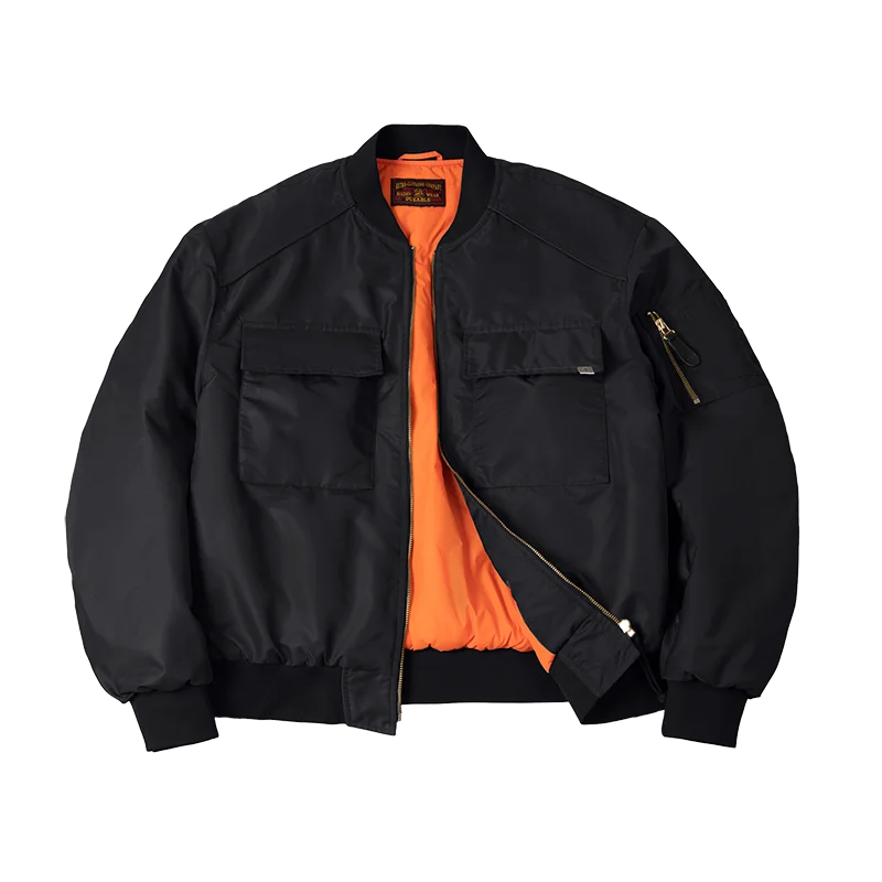 Maden Veste de bombardier MA1 pour hommes col de baseball doublure orange classique deux poches veste de baseball chaude pour l'automne et l'hive