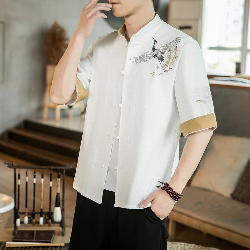 Cardigan en lin à col montant brodé pour hommes, haut décontracté, manches courtes, style chinois, grue, chapelle Kungfu Tai, Tang imbibé, nouveau
