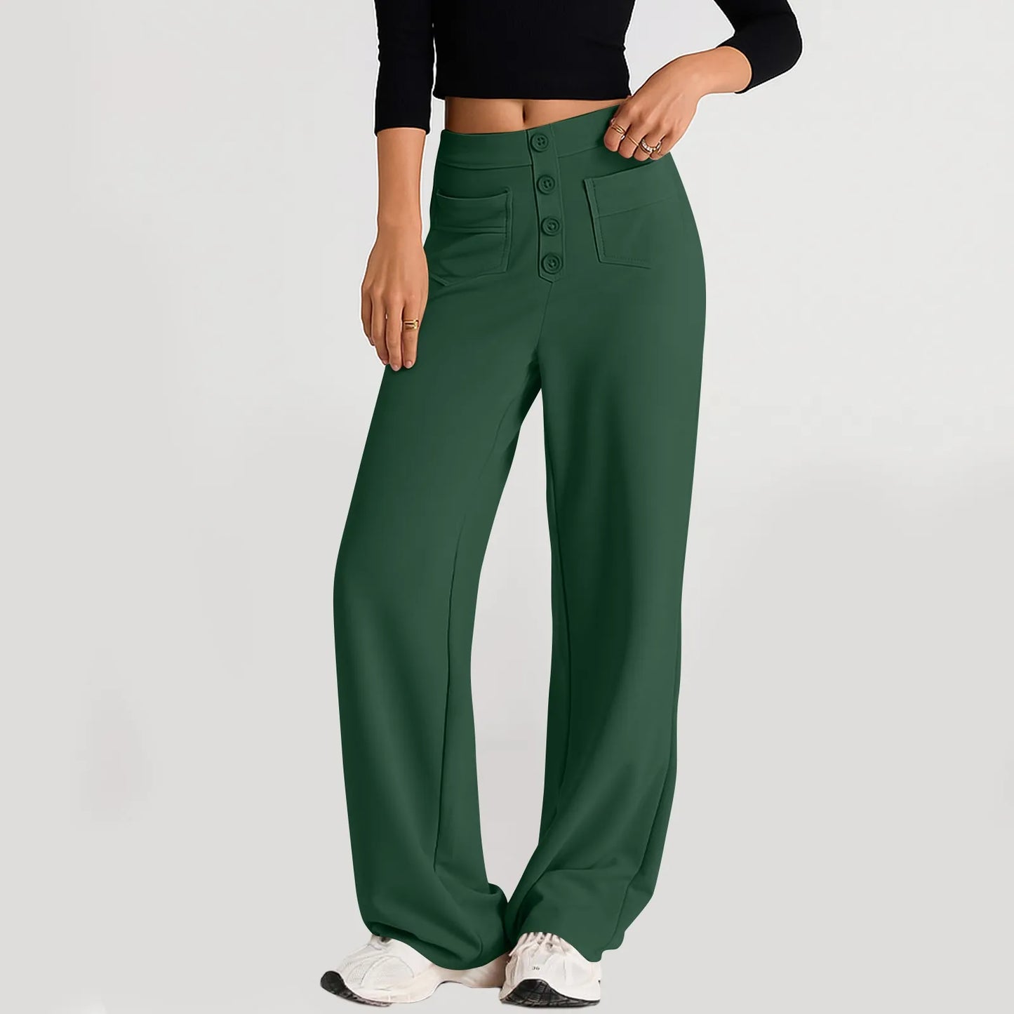 Pantalon à jambes droites pour femmes, classique, Simple, solide, taille haute, mode, poches à boutons, taille élastique, décontracté, nouvelle collection