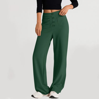 Pantalon à jambes droites pour femmes, classique, Simple, solide, taille haute, mode, poches à boutons, taille élastique, décontracté, nouvelle collection
