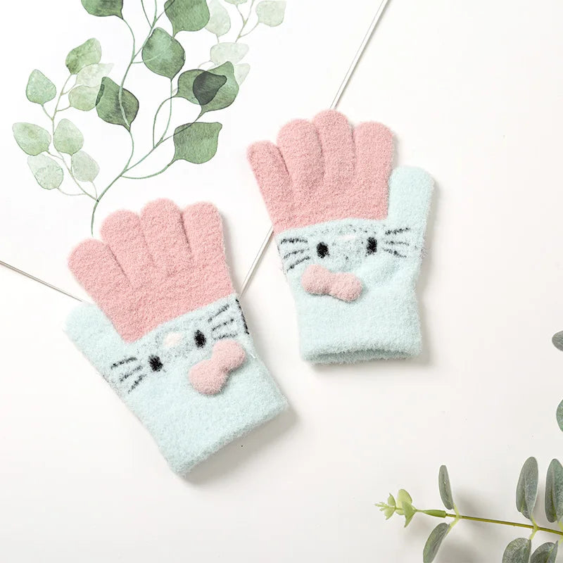 Gants d'hiver tricotés pour enfants de 3 à 10 ans, chauds et doux, en laine de lapin, dessins animés, gants pour enfants, doigt complet, mitaines pour bébés garçons et filles