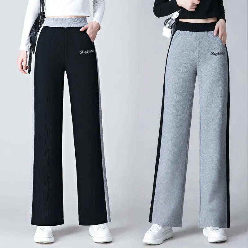 Pantalon de sport taille haute pour femme, mode coréenne, printemps, automne, décontracté, uni, poches brodées, élastique, droit, fjadt, nouveau