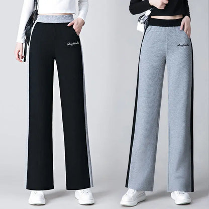 Pantalon de sport taille haute pour femme, mode coréenne, printemps, automne, décontracté, uni, poches brodées, élastique, droit, fjadt, nouveau