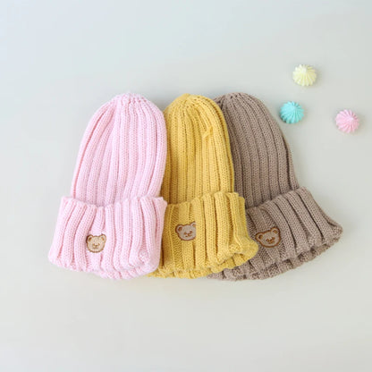 Chapeau de bébé brodé d'ours de dessin animé coréen, doux et chaud pour enfants garçons et filles, Bonnet d'hiver tricoté pour enfants