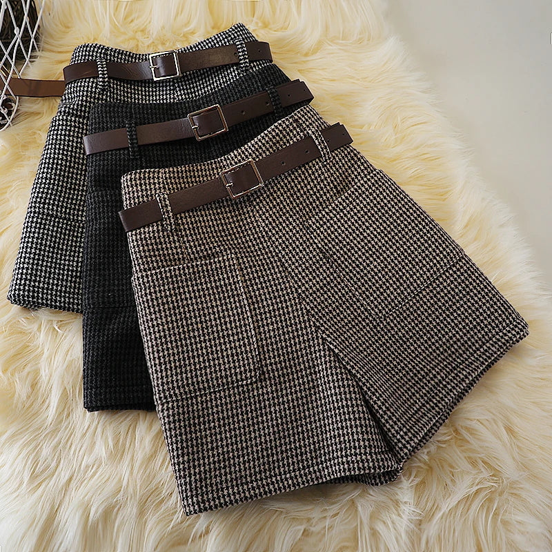 Short en laine pied-de-poule pour femme, bottes slim rétro taille haute, grande taille, avec poches en laine, jambes larges, nouvelle collection automne et hiver