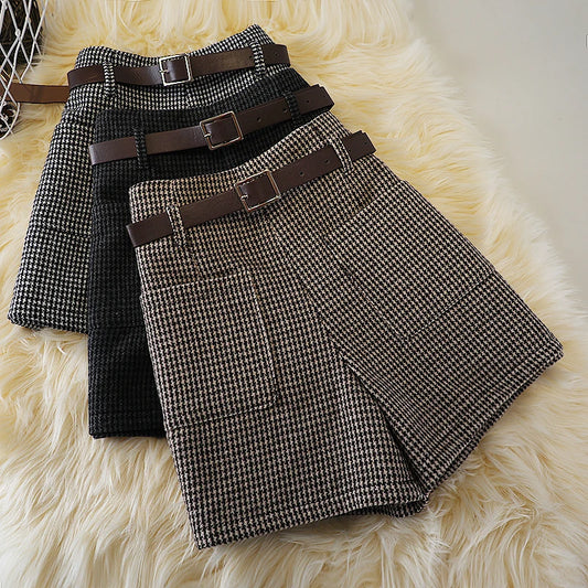 Short en laine pied-de-poule pour femme, bottes slim rétro taille haute, grande taille, avec poches en laine, jambes larges, nouvelle collection automne et hiver