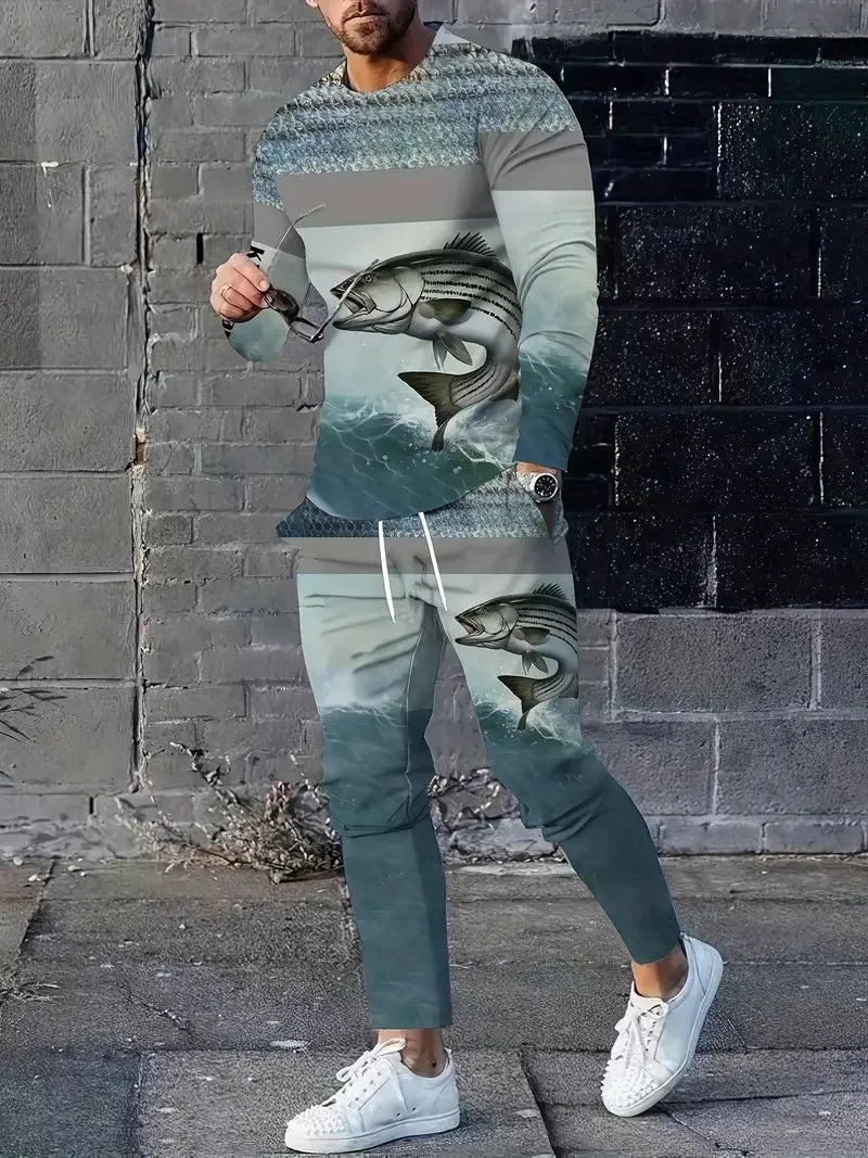 Ensemble de vêtements de sport à manches longues pour hommes, t-shirt de pêche à la carpe, pantalons de survêtement respirants, vêtements de sport trempés, mode cool, automne, fjSet, 2 pièces