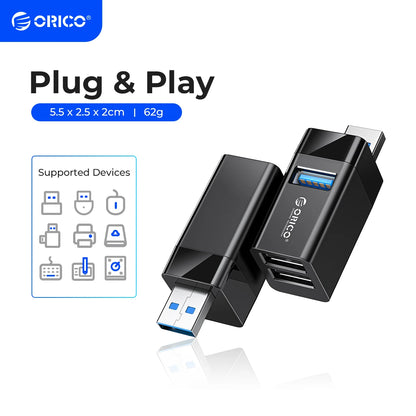 ORICO – Mini Hub séparateur USB 3.0 3 en 1, haute vitesse, 3 ports USB étendus, pour ordinateur de bureau, PC portable, lecteur gratuit