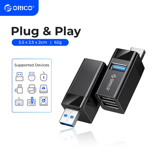 ORICO – Mini Hub séparateur USB 3.0 3 en 1, haute vitesse, 3 ports USB étendus, pour ordinateur de bureau, PC portable, lecteur gratuit