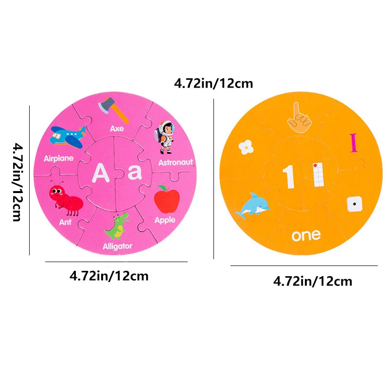 Puzzle Double face 36 pièces pour enfants, Puzzle d'animaux à chiffres de lettres, Puzzle circulaire, apprentissage des lettres anglaises, des chiffres et des mots
