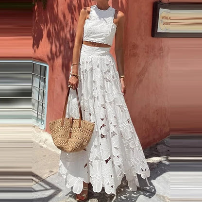Jupe de soirée creuse en Crochet brodé blanc pour femmes, costume de tempérament élégant, haut sans manches et jupe longue, ensemble Chic pour dames
