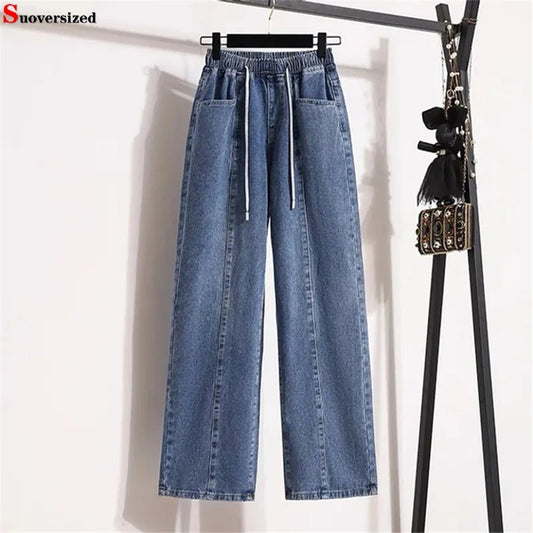 Bigsize cordon taille haute jean droit décontracté Baggy Cowboy pantalon jambe large pantalons femmes Vaqueros corée Denim pantalon