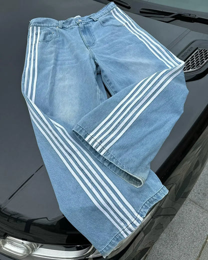 Hip Hop hommes jean Y2k noir rayé Baggy jean gothique brodé haute rue Harajuku rétro Streetwear jambe large Denim pantalon