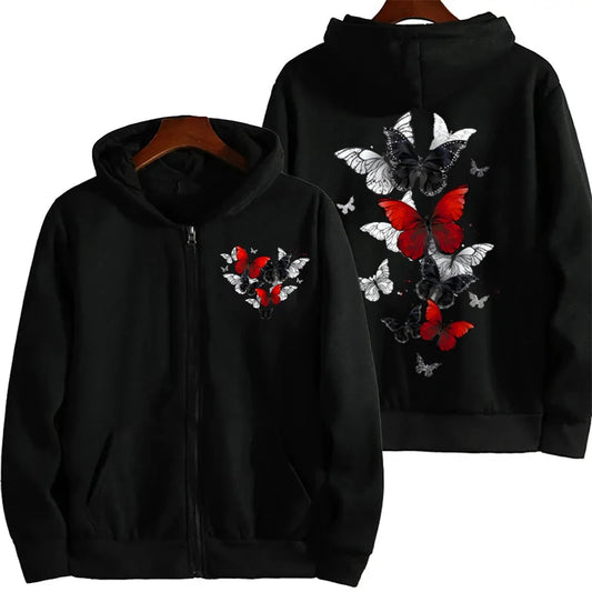 Sweat-shirt à capuche avec fermeture éclair pour femme, vêtements graphiques papillons noirs et rouges, fleur, Anime, vêtements de sport esthétiques à fermeture éclair