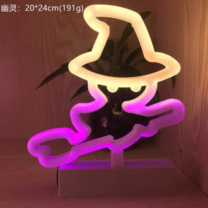 Décoration d'halloween néons chapeau de sorcière bonbons fantôme lampe de fête pour chambre Bar café décor éclairage crâne bébé veilleuse