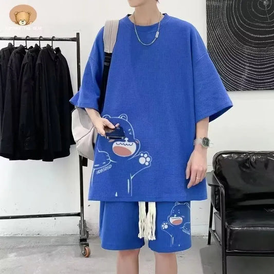 Survêtement d'été pour hommes, Streetwear de dessin animé japonais, Hip Hop Rock, décontracté, court imbibé cool, imprimé gaufré, ensemble 2 pièces, nouveau