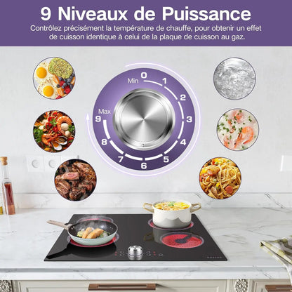 NOXTON Plaque VItrocéramique 4 Feux avec Commande à Bouton Unique, Plaque de Cuisson Electrique 4 Feux Encastrable, Table de Cuisson Vitrocéramique, 220-240V, 6000W, sans Prise
