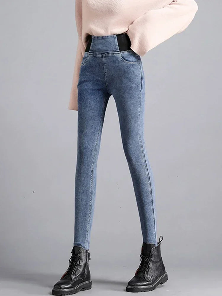 Pantalon crayon en denim skinny épais pour femme, jean décontracté, doublé de velours en peluche, taille haute, coréen, chaud, commandé, hiver, nouveau