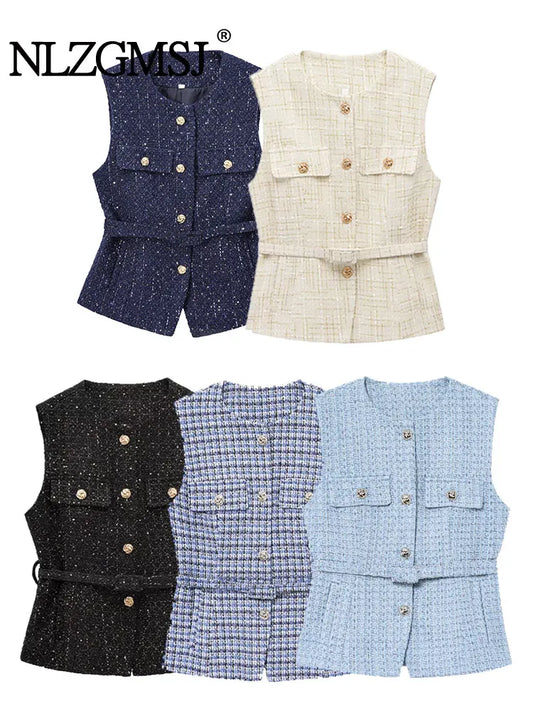 TRAFNLZGMSJ 2025 printemps femmes gilet haut à la mode avec ceinture coupe ajustée sans manches veste haut pour femmes Texture gilet haut nouveau