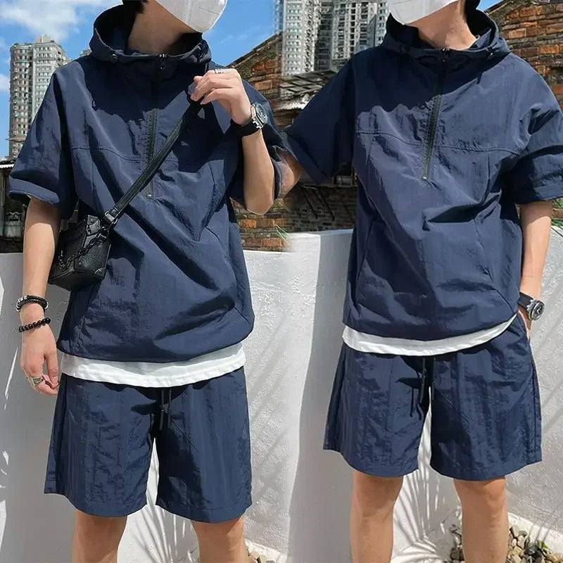 Ensemble de style cargo d'été pour hommes, sweat à capuche décontracté, t-shirt à manches courtes, short monochrome, mode adt, haute qualité, beau sweat-shirt trempé
