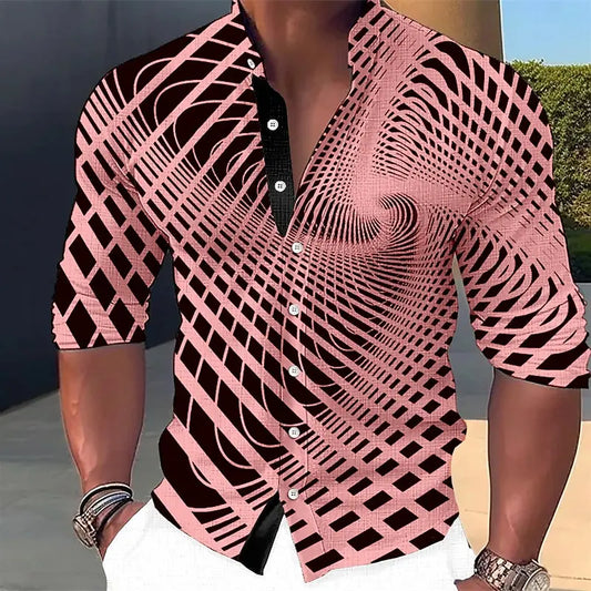 Chemise à boutons à motif géométrique pour hommes, manches longues, mode rue, extérieur, décontracté, quotidien, été, printemps et automne, col montant imprimé