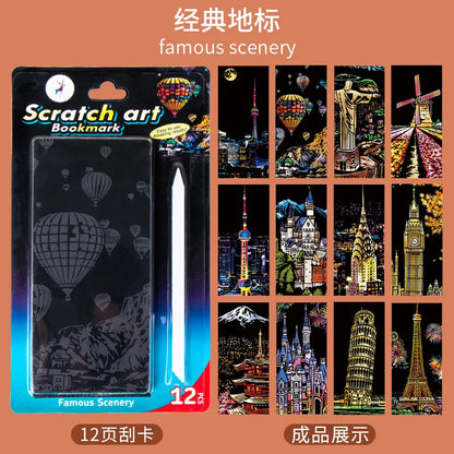 Marque-page à gratter pour scène de nuit de ville de renommée mondiale, 12 pièces, élimine le revêtement gris, peinture à la main, jouets amusants faits à la main pour enfants, marqueur de livre