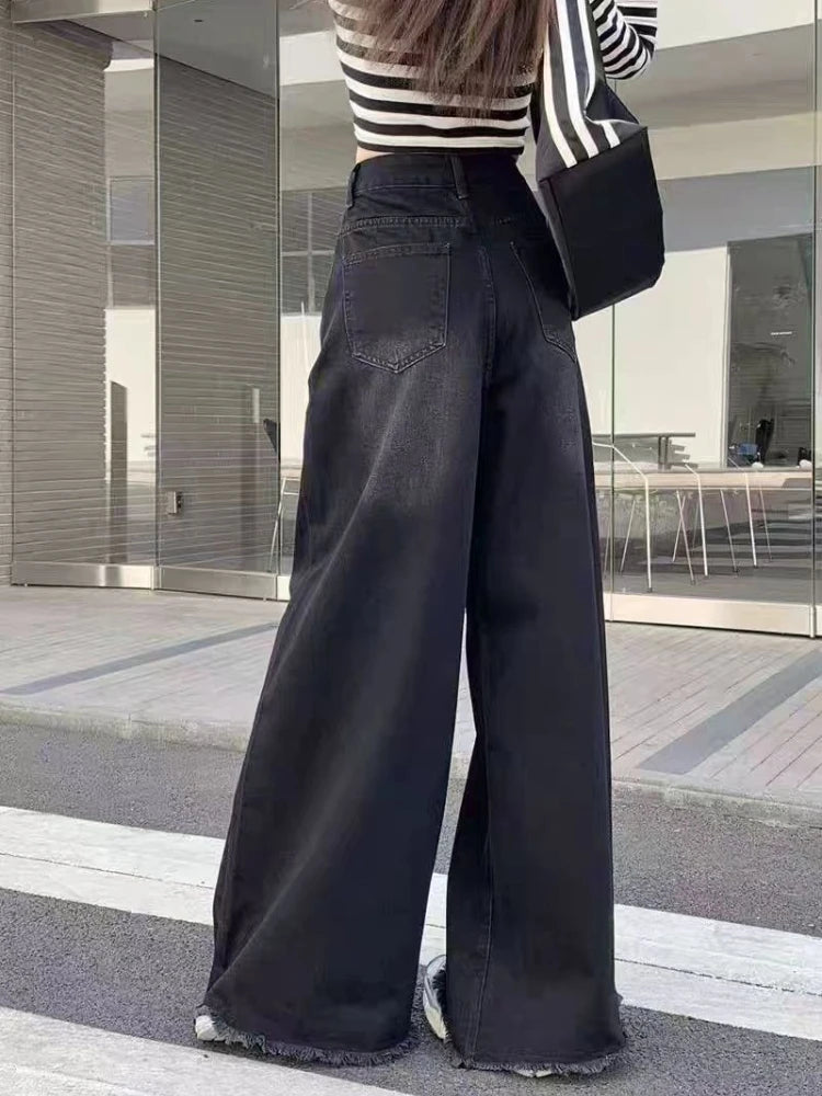 Automne printemps jambe large jean femmes Denim pantalon Vintage pantalon droit mode femme noir jean décontracté pantalon à jambes larges