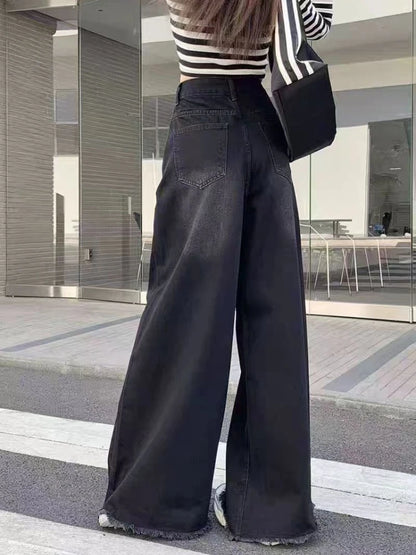 Automne printemps jambe large jean femmes Denim pantalon Vintage pantalon droit mode femme noir jean décontracté pantalon à jambes larges